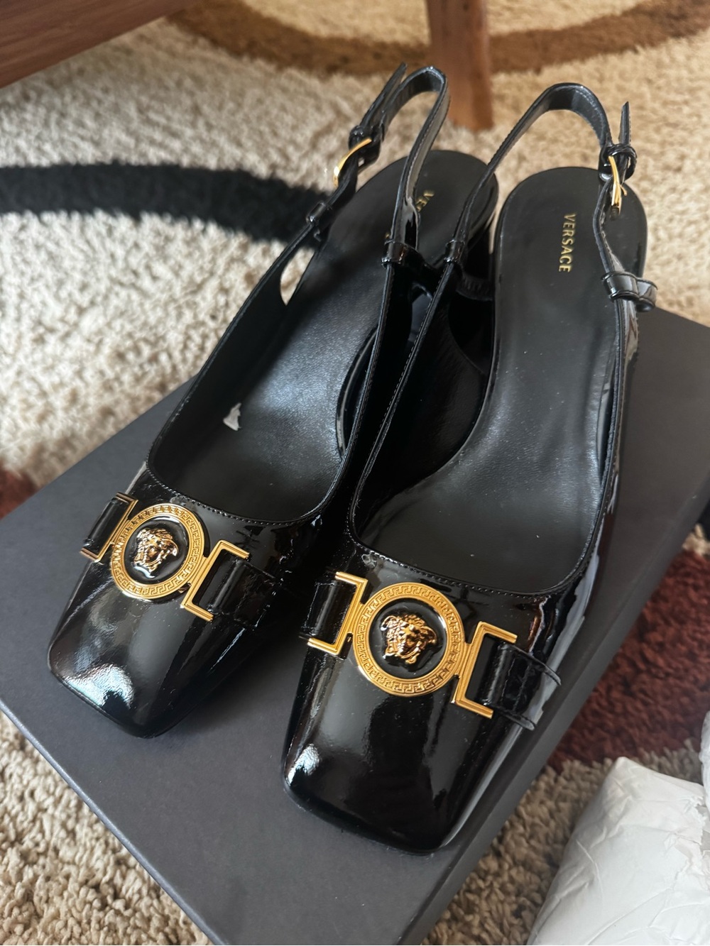 Versace Black Patent Slingback Pumps with Gold Medallion Detail